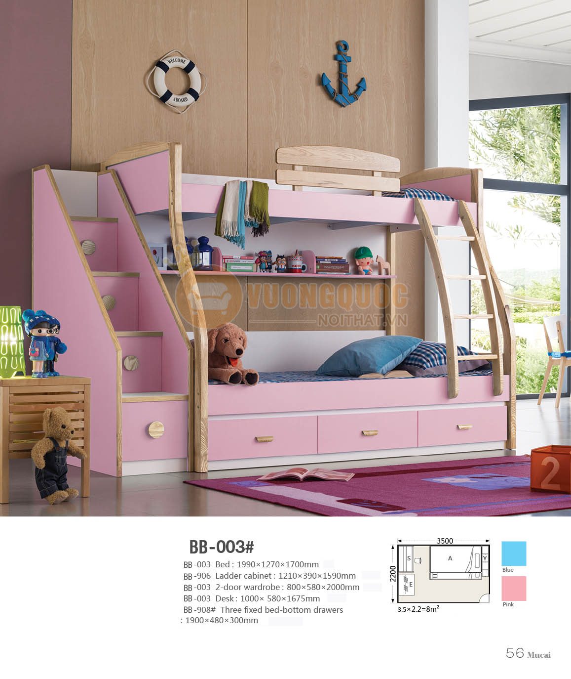 Giường tầng cho bé gái Model BB003