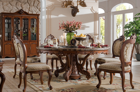 BỘ BÀN ĂN TÂN CỔ ĐIỂN HVN901PA ( BÀN MẶT GỖ + 2 GHẾ + 4 GHẾ TAY VỊN CHẤT LIỆU VẢI )