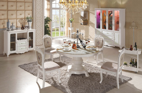 PHÒNG ĂN PHONG CÁCH CỔ ĐIỂN CHÂU ÂU FOS111 ( BÀN + 6 GHẾ + TỦ TRANG TRÍ + TỦ RƯỢU )