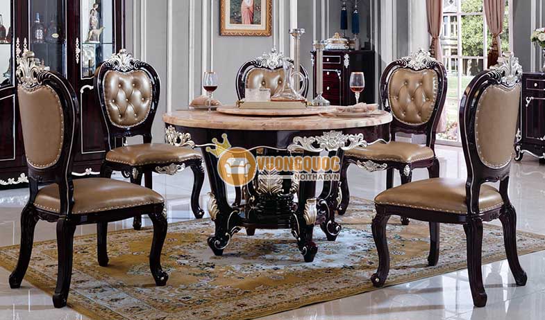 Bộ bàn ăn tròn cổ điển mặt đá màu hồng GDA916