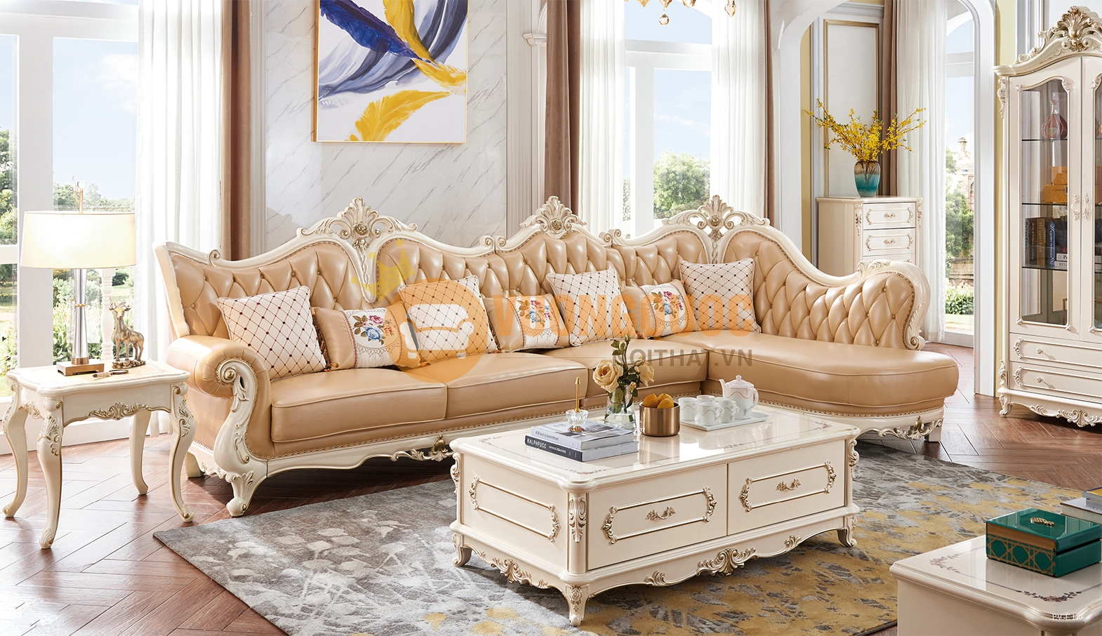 Bộ sofa góc tân cổ điển sang trọng JVN6909S là sự kết hợp giữa phong cách tân cổ điển và sự hiện đại. Với thiết kế góc sang trọng, sản phẩm sẽ khiến cho không gian phòng khách của bạn thêm phần lịch sự và chuyên nghiệp. Bạn sẽ có trải nghiệm sống đẳng cấp và tuyệt vời hơn khi tận hưởng sản phẩm này.