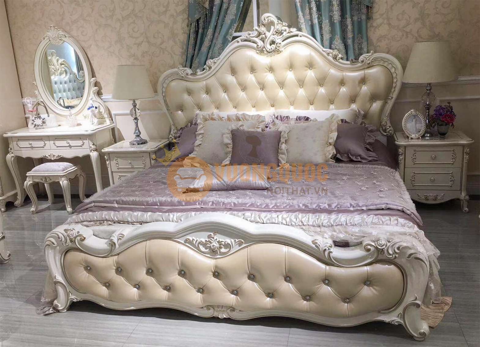 Giường ngủ tân cổ điển cao cấp hoa văn tinh tế JVN616G đẹp