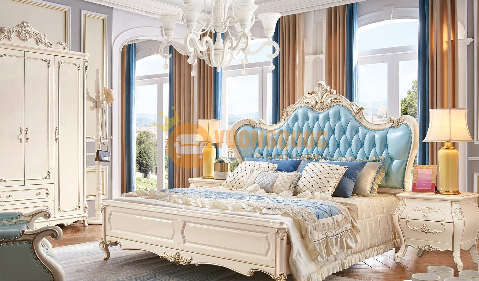 Giường ngủ tân cổ điển màu xanh ngọc JVN615G
