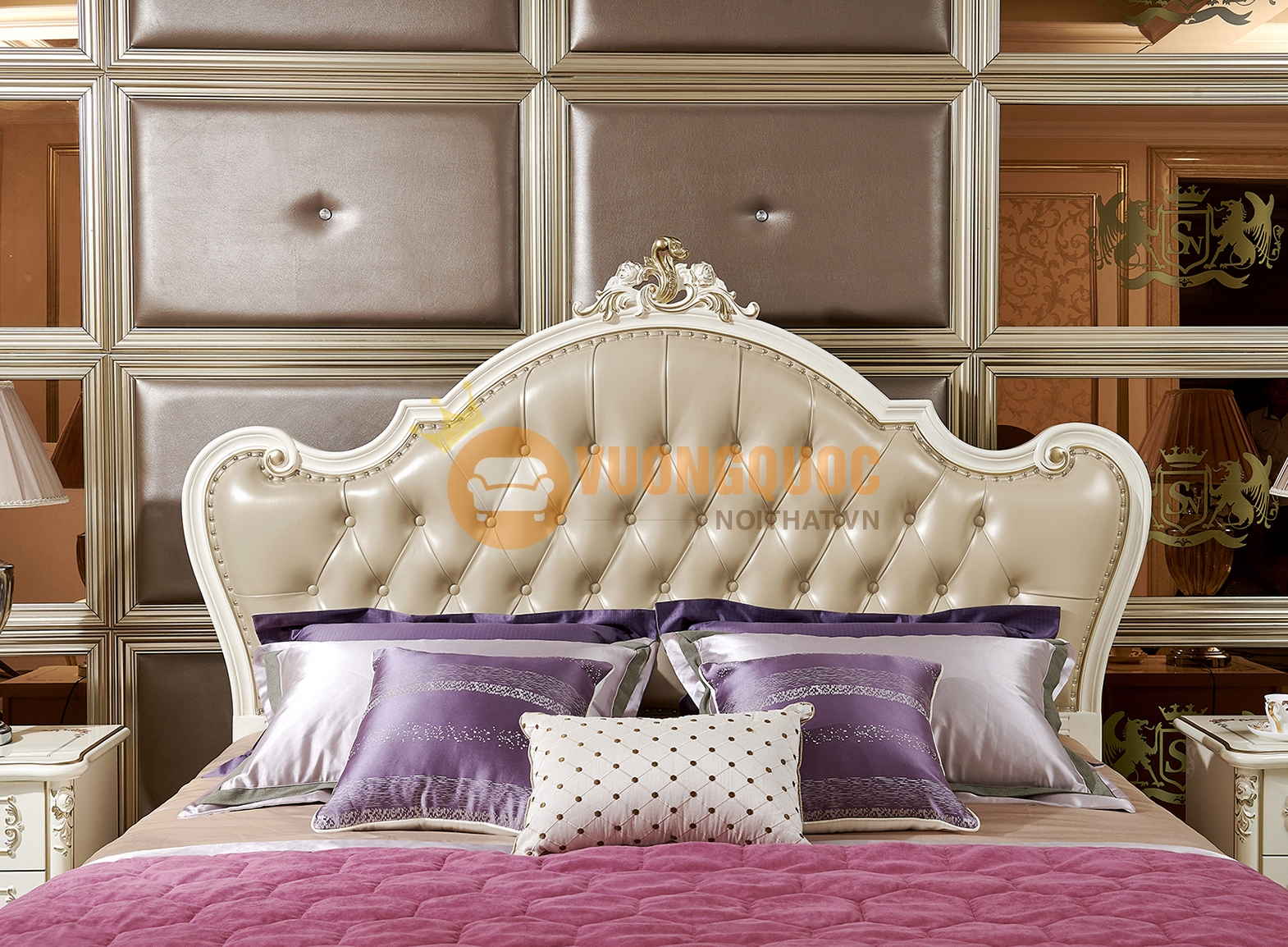 Giường ngủ tân cổ điển gỗ sồi cao cấp JVN8616AG đầu giường bọc da