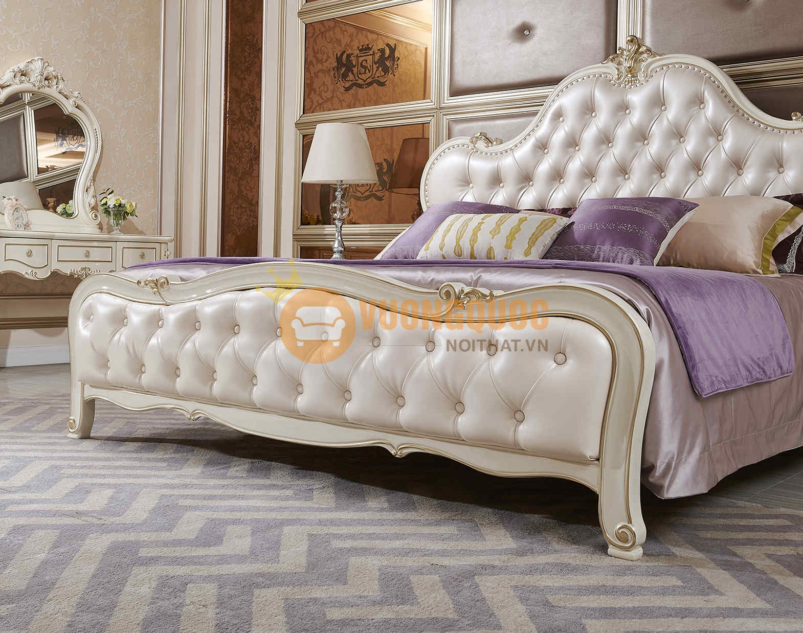 Giường ngủ tân cổ điển nhập khẩu JVN8606AG đuôi giường tinh xảo