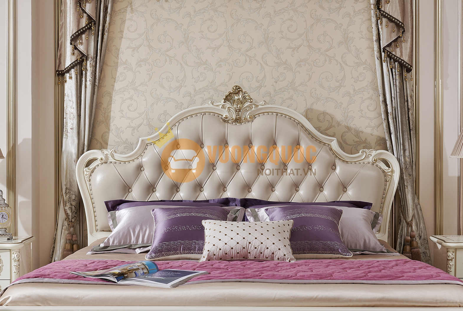 Giường ngủ tân cổ điển nhập khẩu cao cấp JVN8620AG đầu giường bọc da