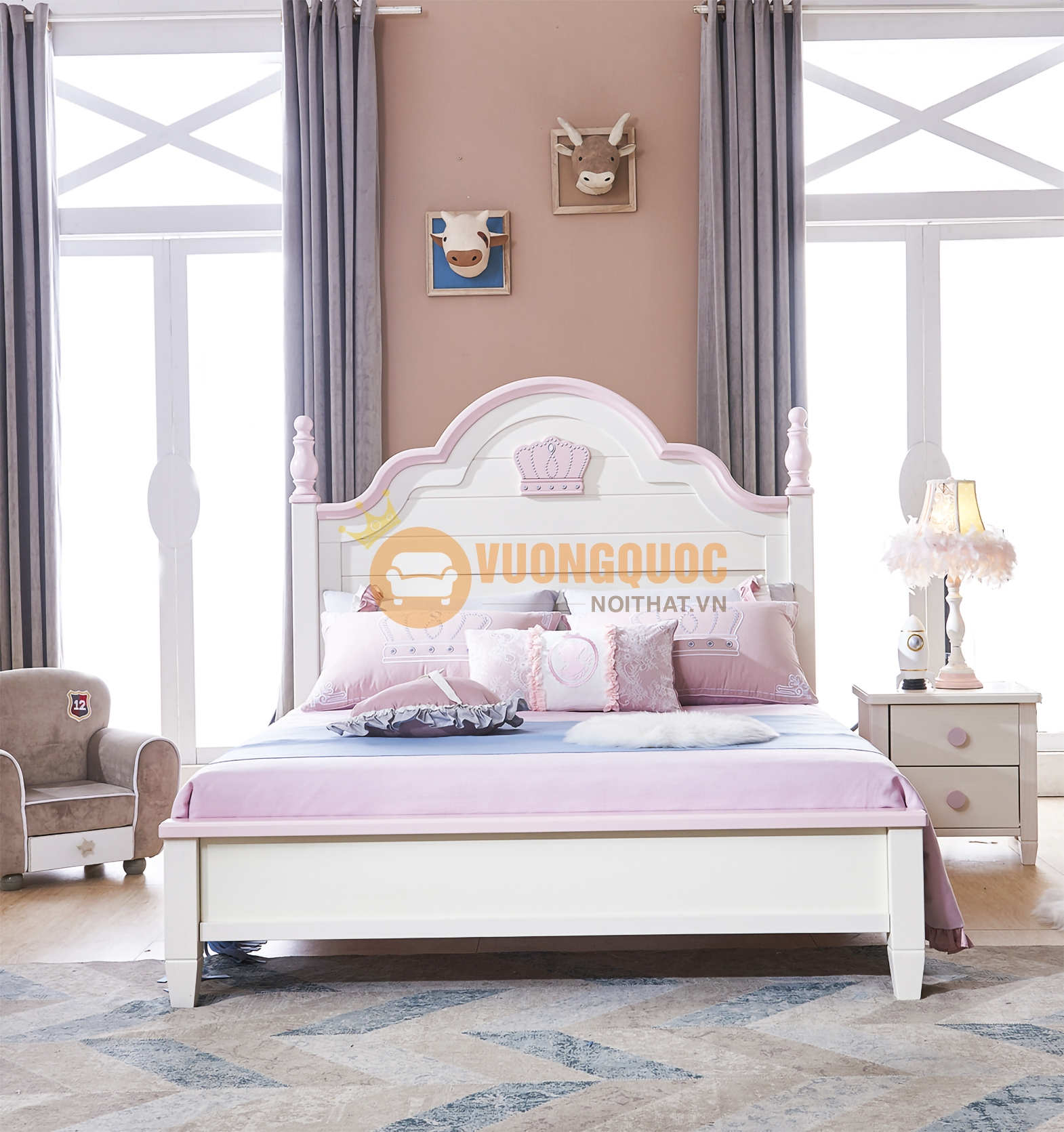 Bộ phòng ngủ màu trắng hồng cho nàng công chúa nhỏ HPF621 giường ngủ