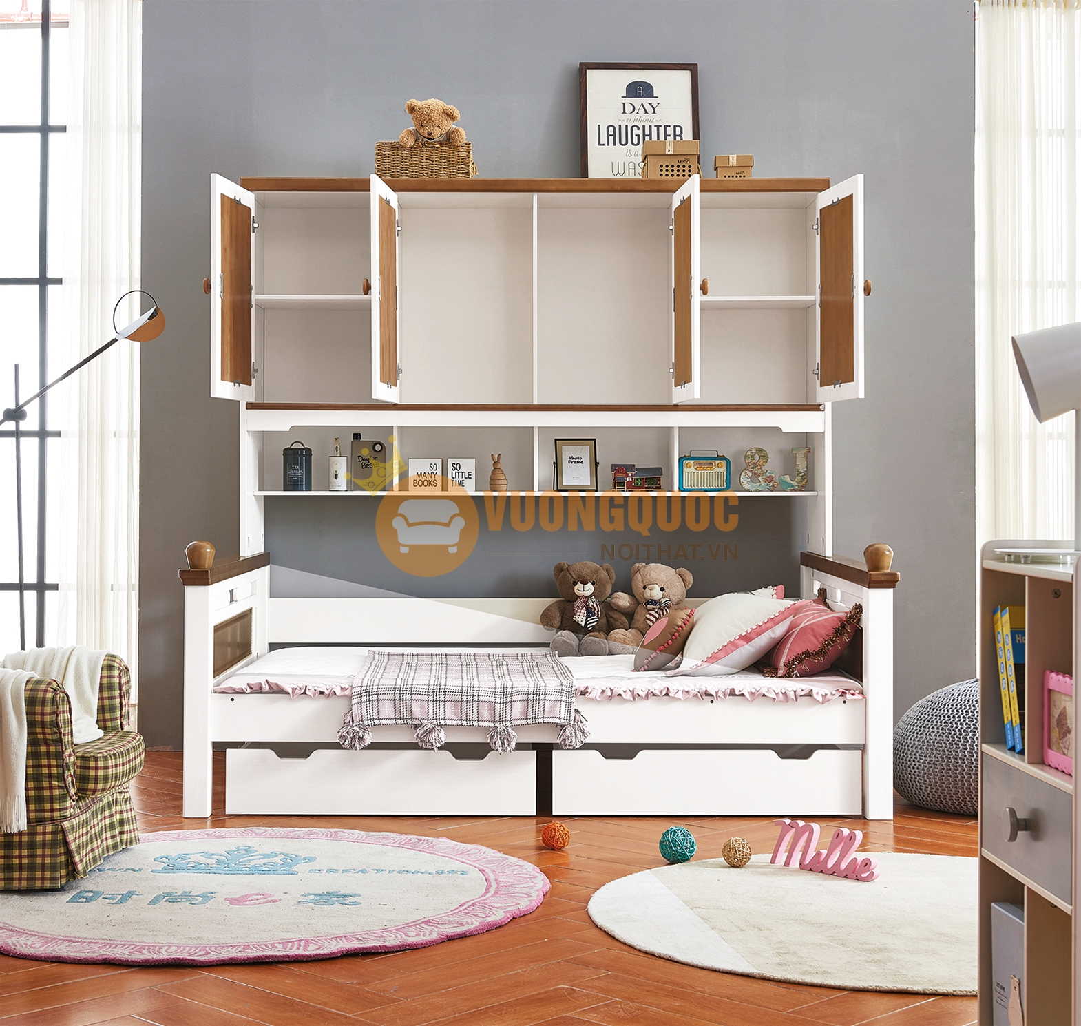 Giường tầng trẻ em kèm tủ cao cấp HPF6617 tủ trang trí nhiều ngăn