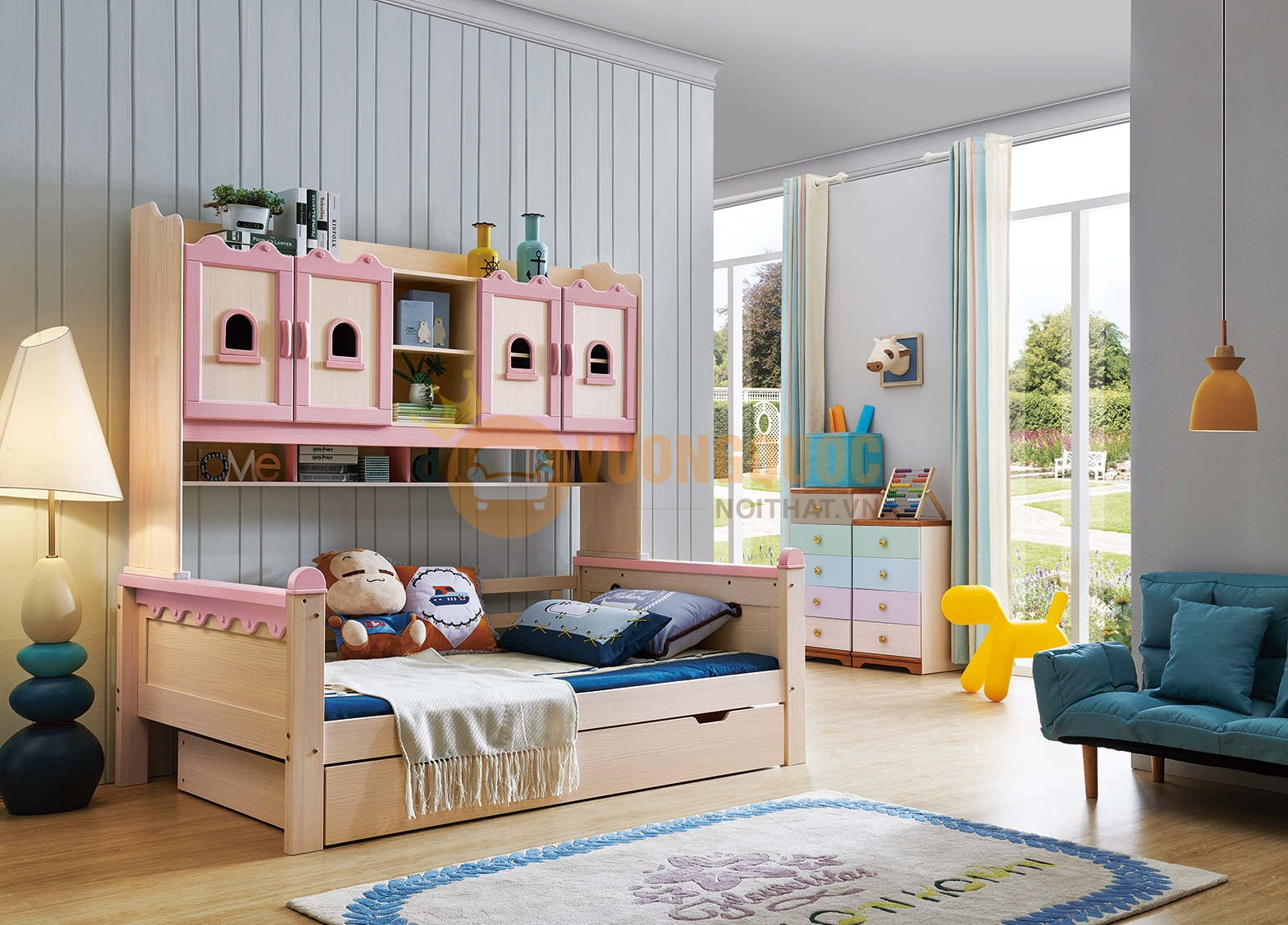 Giường ngủ cho bé kèm tủ trang trí tiện dụng JVNA922 màu hồng