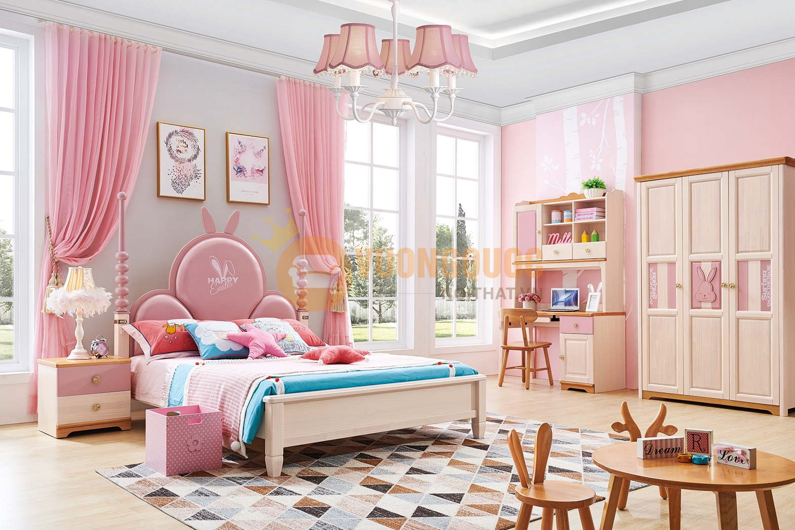 Phòng ngủ cho bé gái sắc hồng dễ thương JVNA613