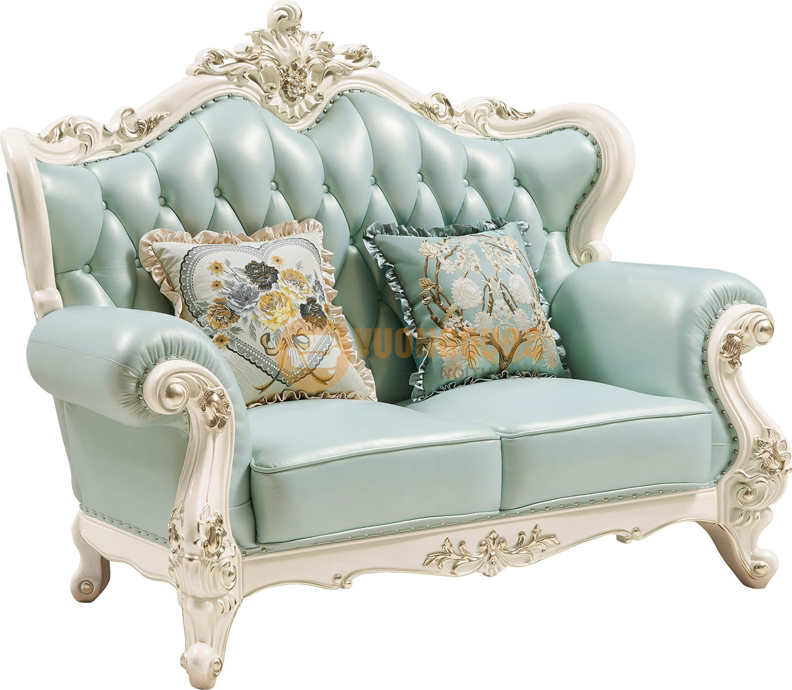 Bộ sofa phòng khách tân cổ điển màu xanh ngọc FLDA15 sofa đôi