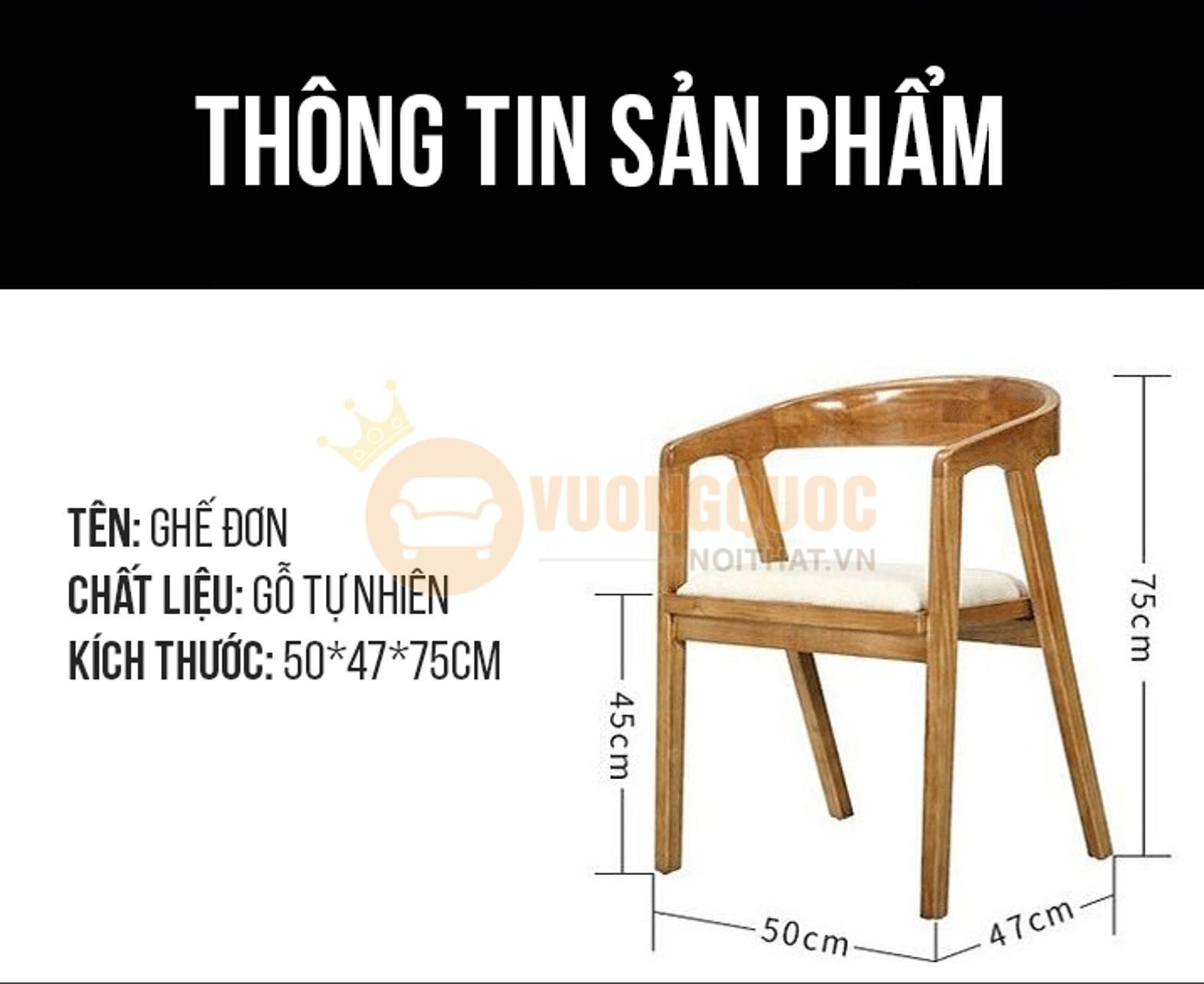 Ghế ăn nhà hàng nhập khẩu kiểu dáng độc đáo HOY9007 chính diện kích thước