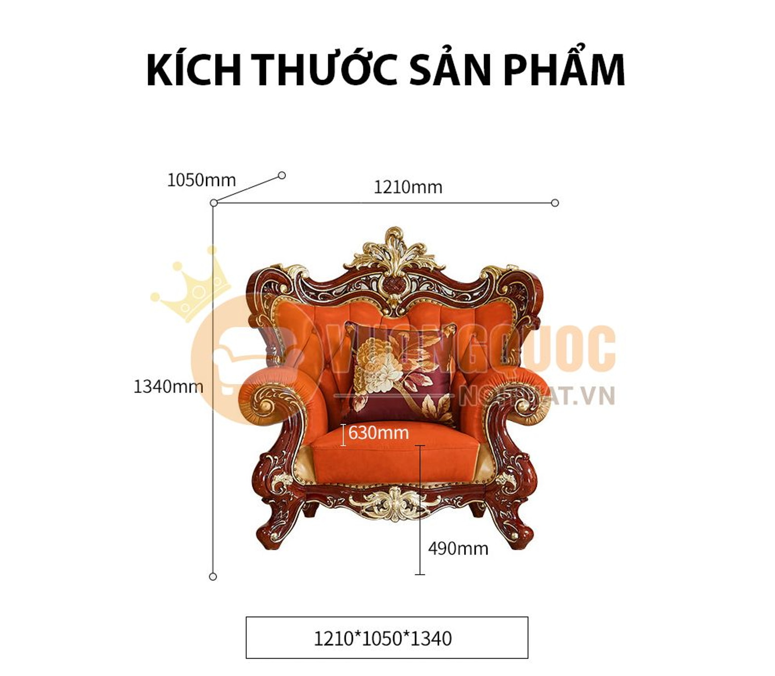 Bộ sofa phòng khách tân cổ điển quý phái GD952S kích thước ghế đơn