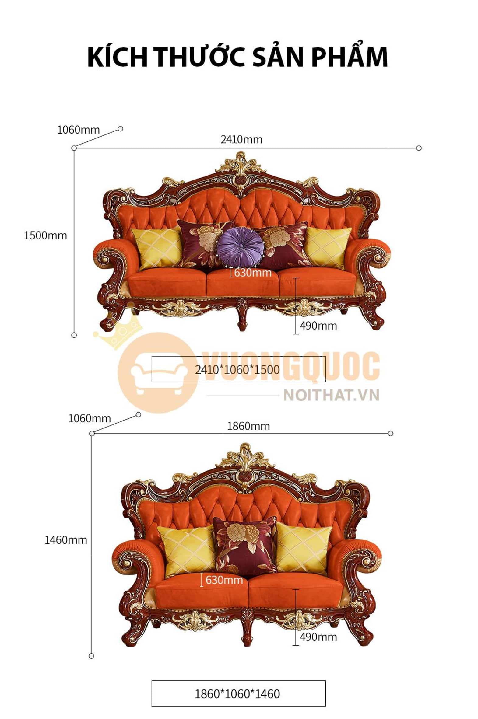 Bộ sofa phòng khách tân cổ điển quý phái GD952S kích thước sofa đôi và ba