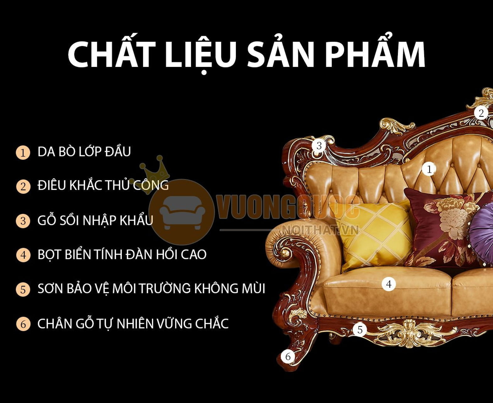 Bộ sofa phòng khách tân cổ điển quý phái GD952S chất liệu sản phẩm