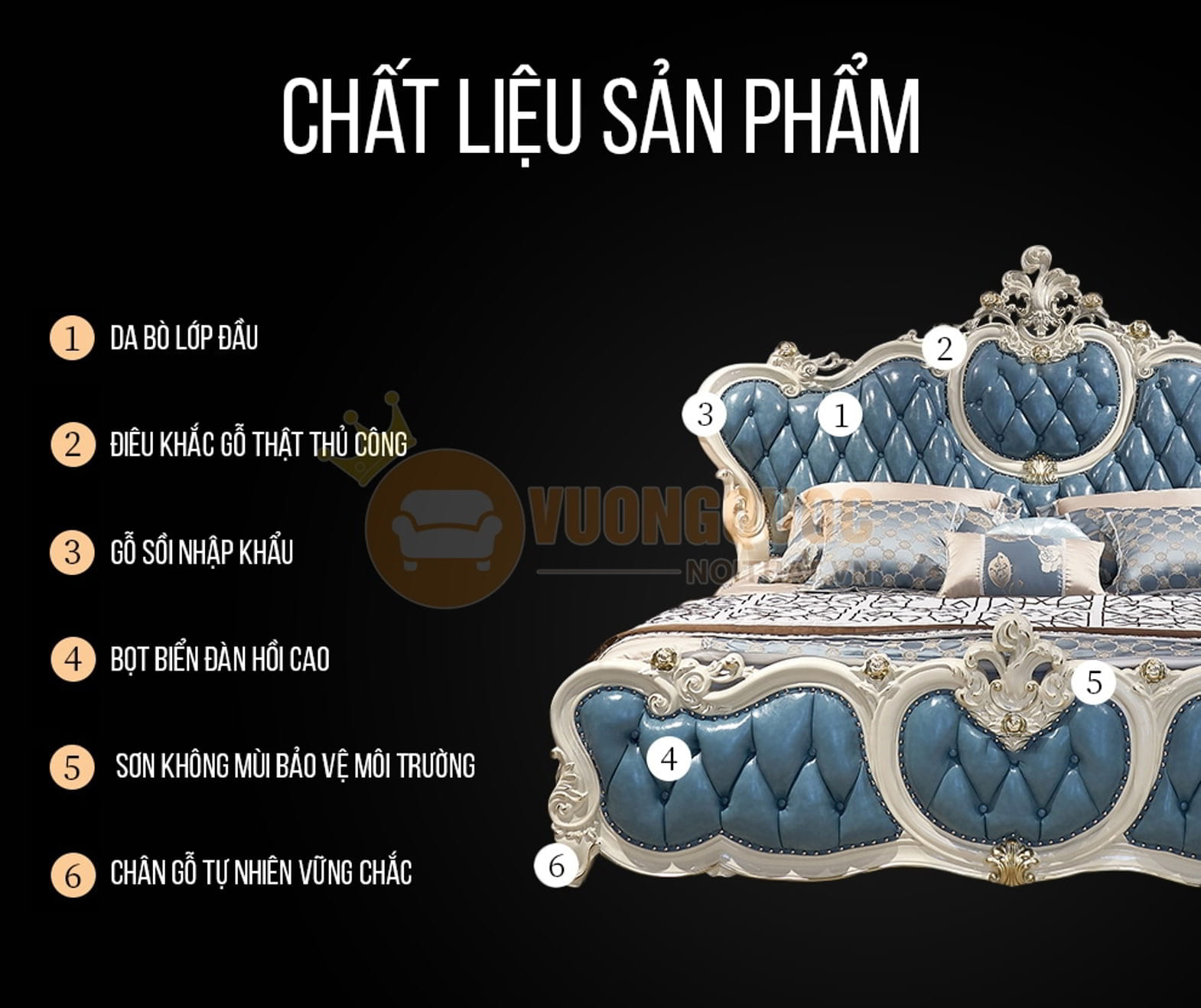 Giường ngủ tân cổ điển sang trọng nhập khẩu GD953G chất liệu sản phẩm