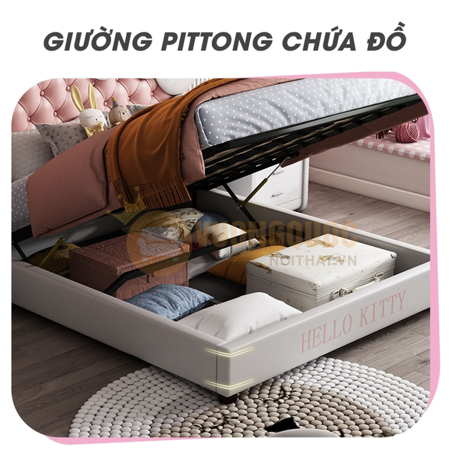 Giường ngủ bé gái hình hello kitty dễ thương FDCB06 giường pittong chứa đồ