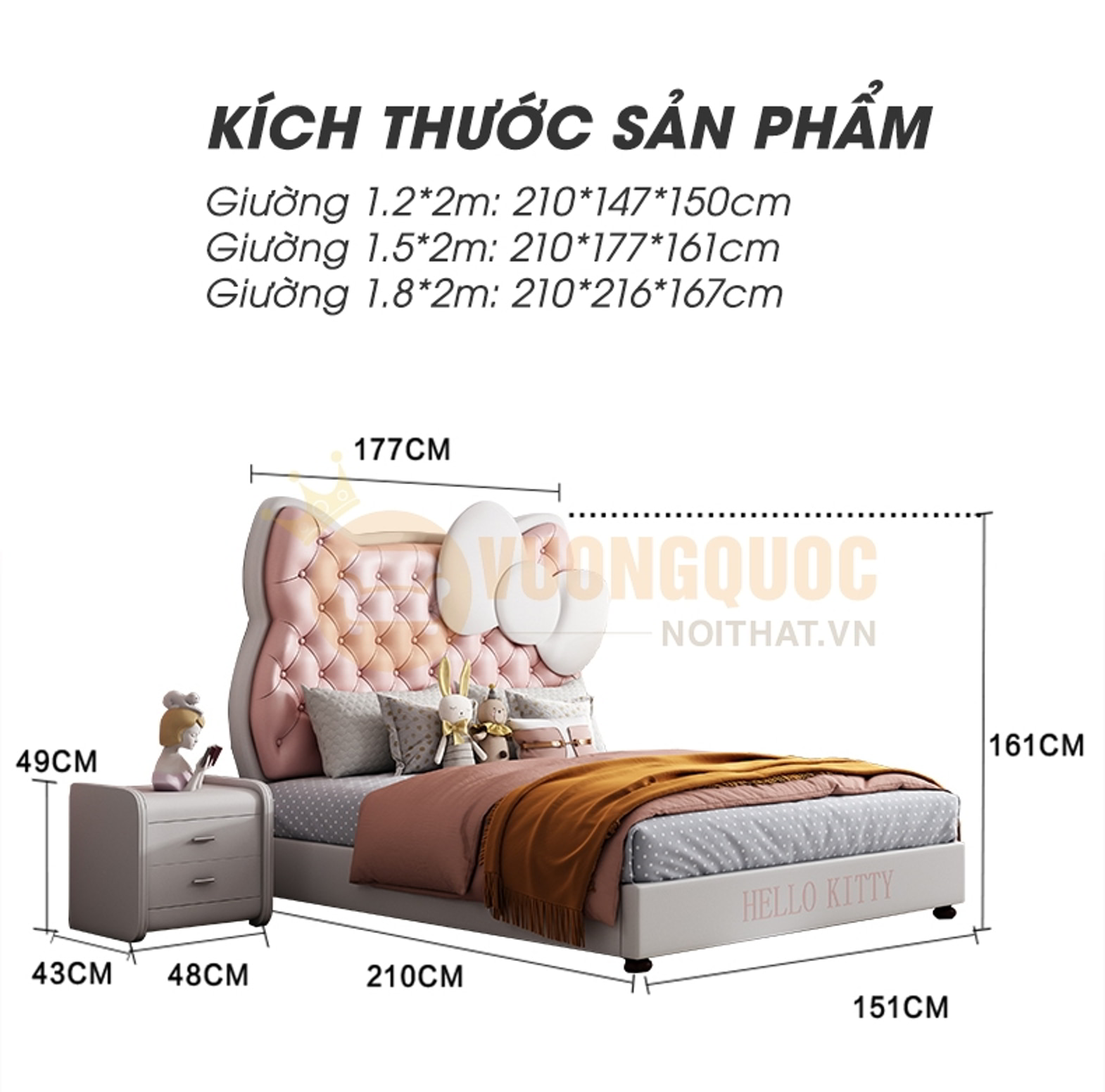 Giường ngủ bé gái hình hello kitty dễ thương FDCB06 kích thước sản phẩm