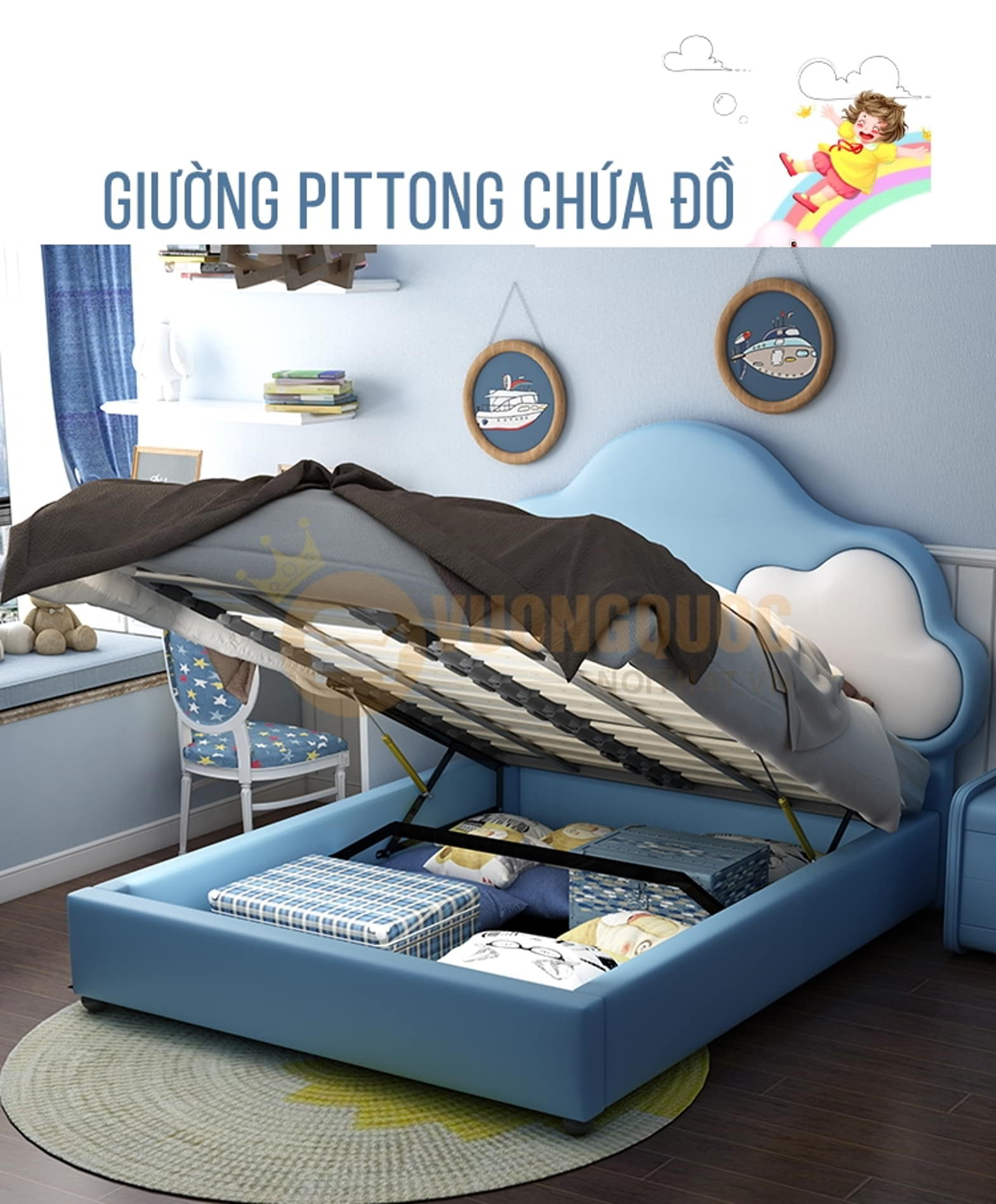 Giường ngủ cho bé hình đám mây độc lạ FDCB60 pittong chứa đồ