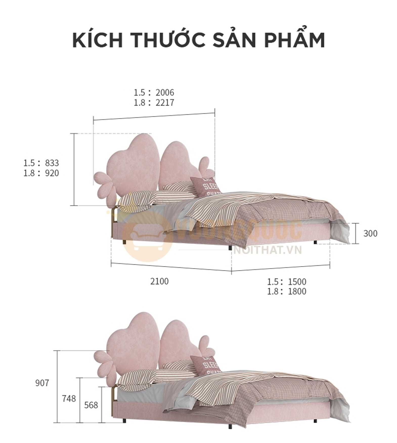 Giường ngủ công chúa hình trái tim đôi ngọt ngào FDCD11 kích thước