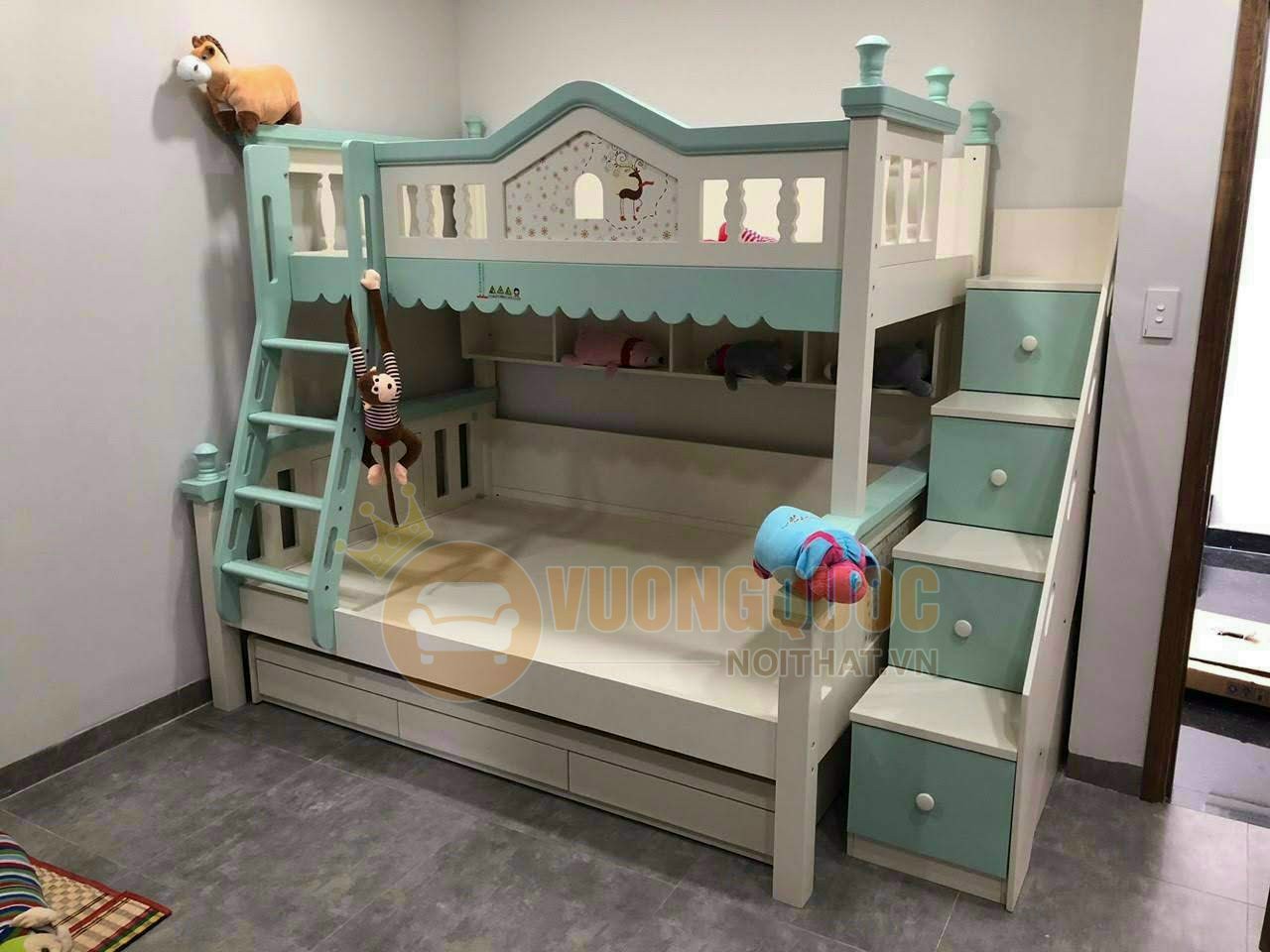 Giường tầng cho bé màu xanh