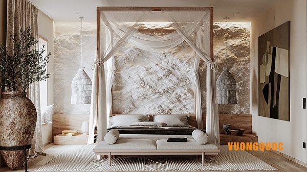 5. Mẫu thiết kế phòng ngủ Wabi Sabi ấm áp, ấn tượng