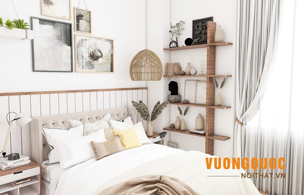 3.13. Thiết kế phòng ngủ phong cách vintage với kệ gỗ treo tường đẹp mắt