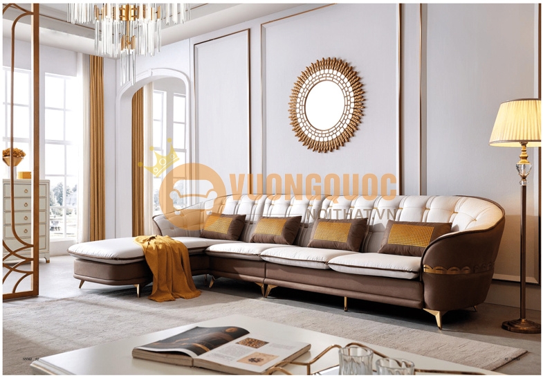 Bộ sofa này sử dụng chất liệu da cao cấp với gam màu nổi bật 