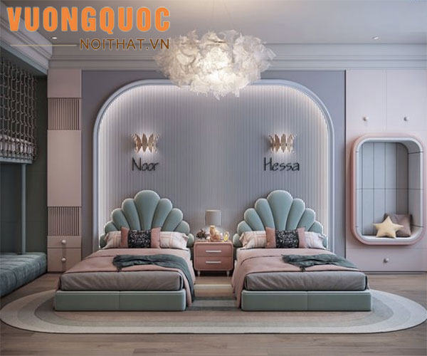 Decor phòng ngủ màu hồng đẹp cho bé gái màu xanh