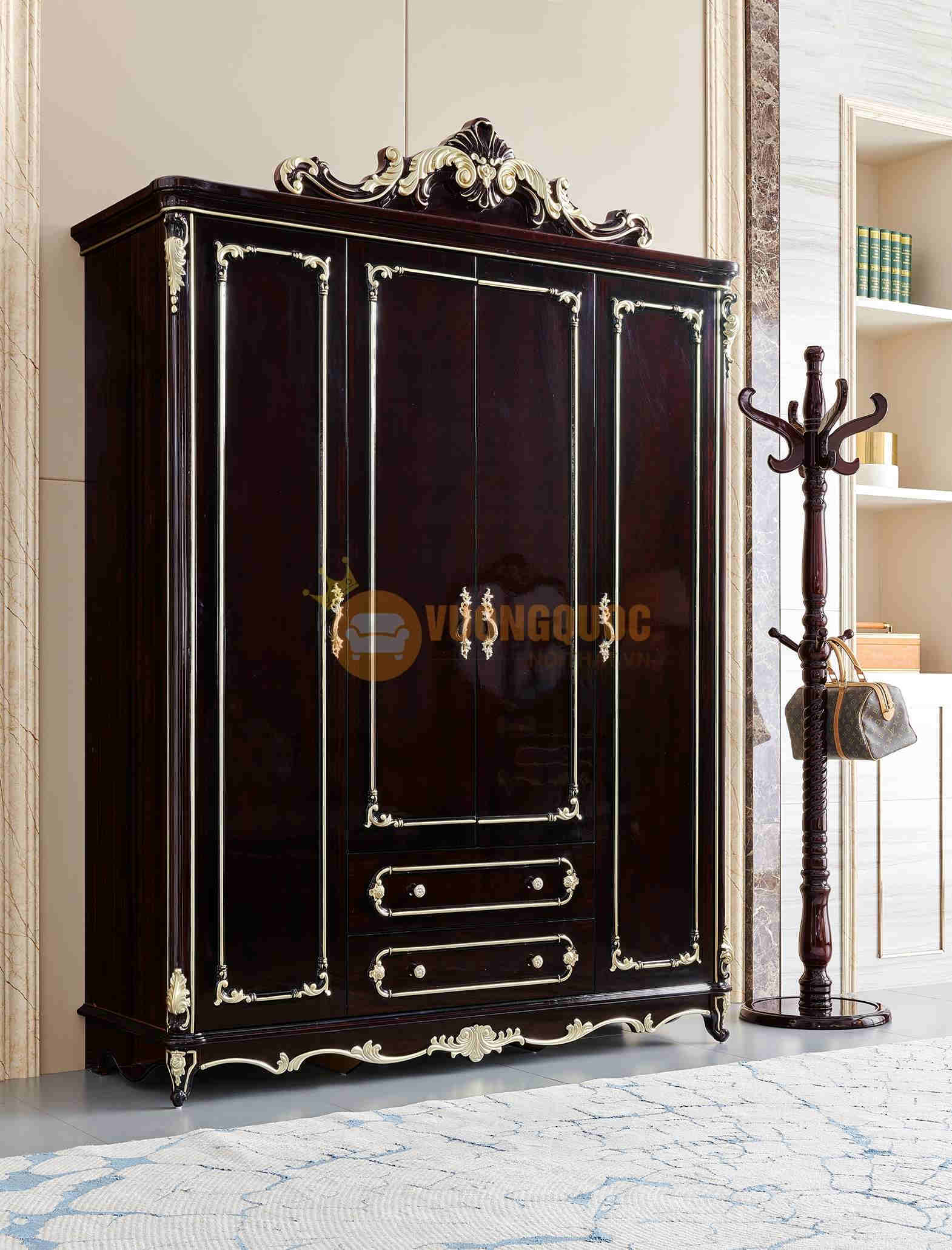 Tủ quần áo tân cổ điển màu nâu có dát vàng 