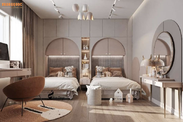 Giường ngủ màu hồng cho hai bé thông minh 