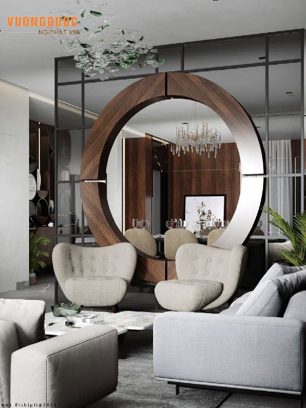 Mẫu vách ngăn phòng khách với thiết kế ấn tượng cùng sự kết hợp của hai chất liệu kính và gỗ