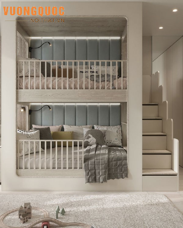 Thiết kế phòng ngủ trẻ em 2 tầng cho bé trai và bé gái tone màu pastel